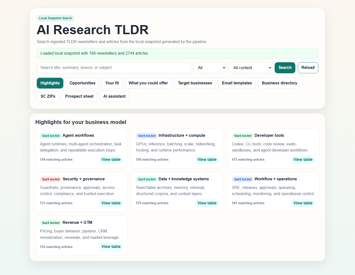 Live AI Research TLDR dashboard with research categories and search controls